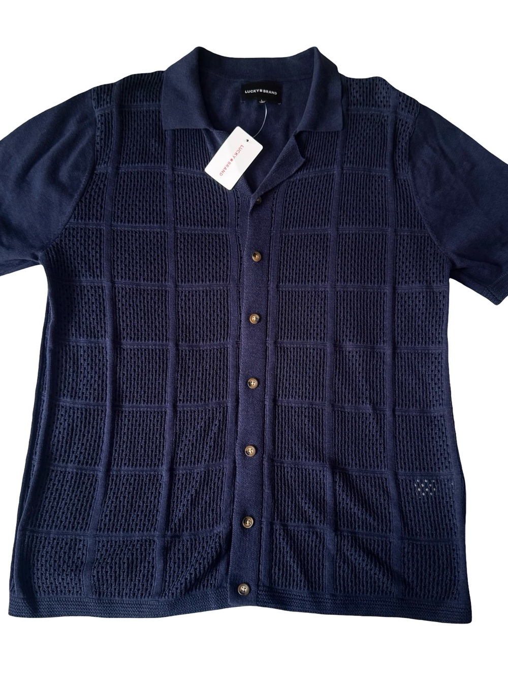NWT Lucky Brand Men's Navy Cotton Knit Crochet Short Sleeve Button Up Size L